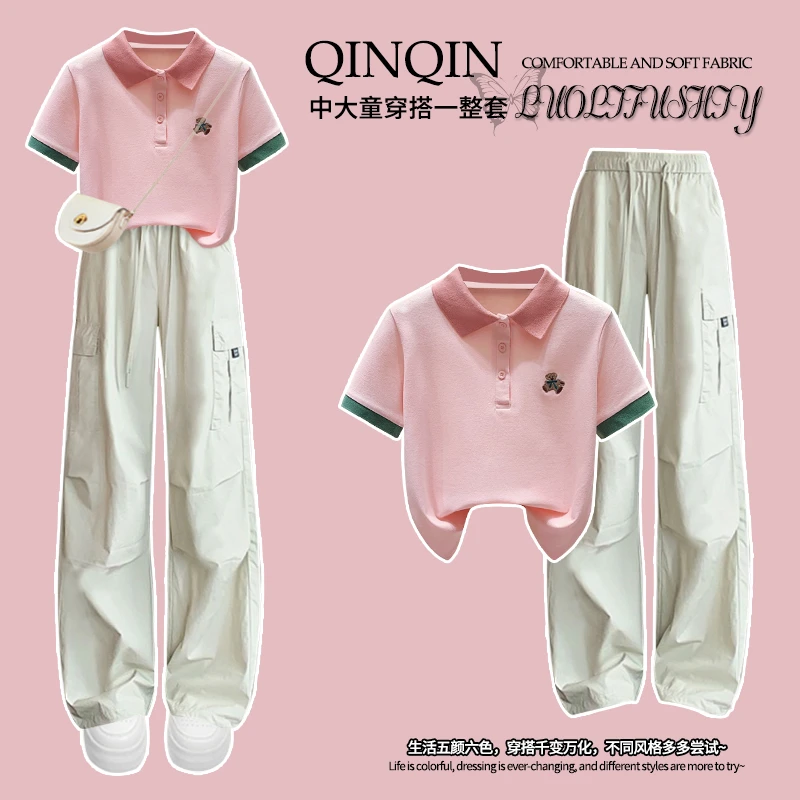女童夏季工装裤套装2025新款初中生Polo短袖独特洋气时髦女童装