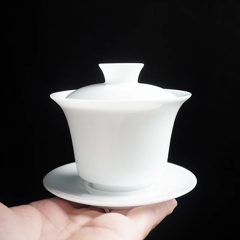 高档陶瓷手工功夫茶具防烫可悬停冰种玉瓷三才盖碗