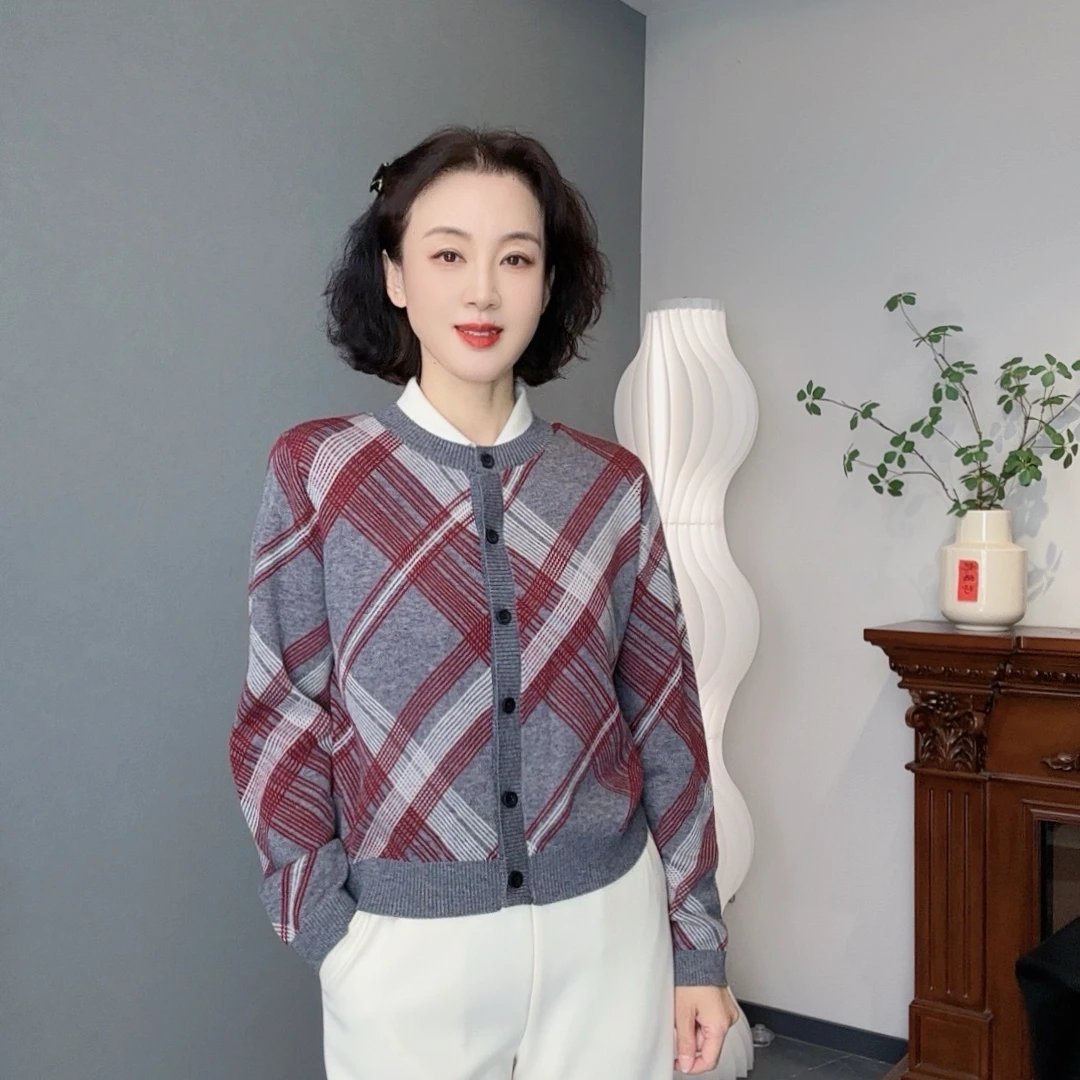 祯智服饰2765 芝麻点工艺 复古菱形格纹 针织时尚开衫