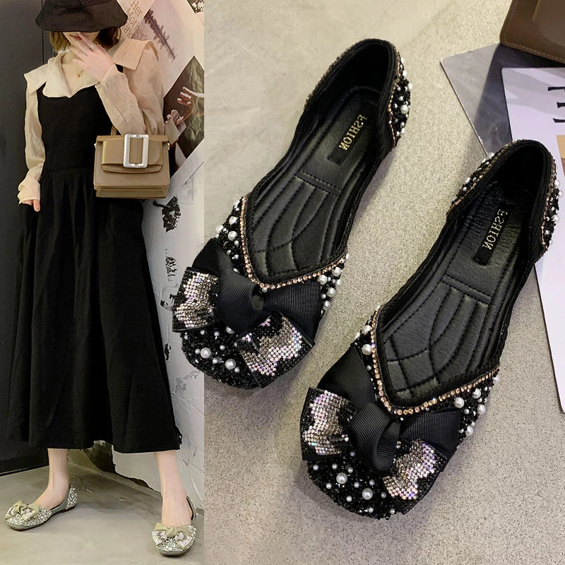 仙女晚晚风单鞋女夏2021新款珍珠蝴蝶结温柔奶奶一脚蹬平底豆豆鞋