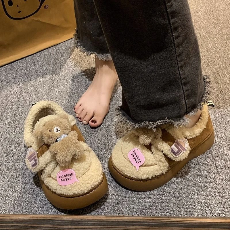 可爱小熊棉鞋女2023秋冬新款加绒加厚毛毛勃肯鞋保暖面包雪地靴