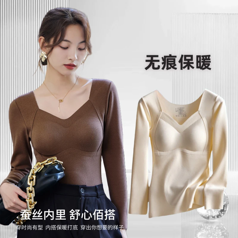 秋冬无痕保暖羊绒蚕丝护肚带胸垫打底衫女德绒双面磨毛修身上衣x