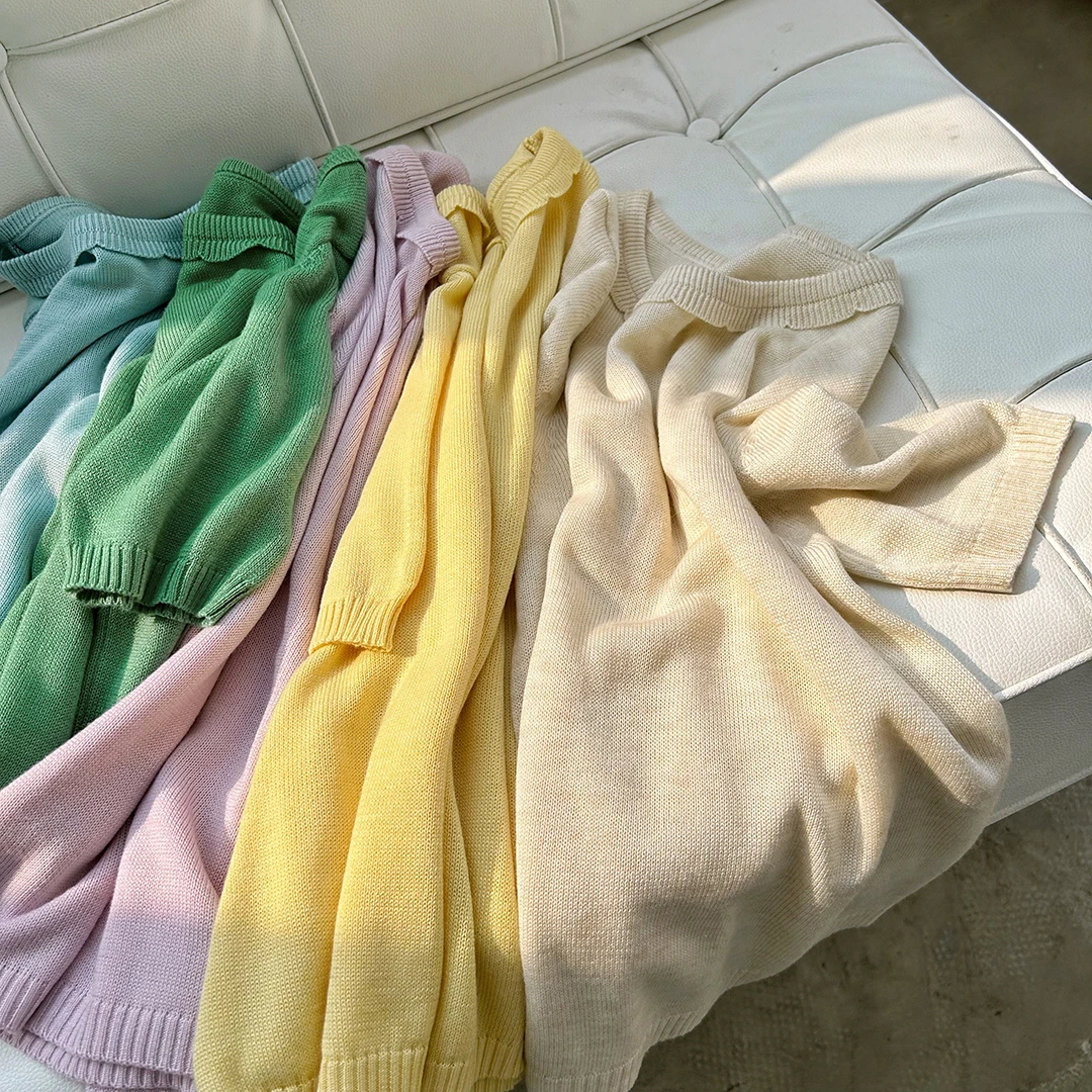 早春温柔百搭圆领简约花边针织上衣套头短袖针织衫240302