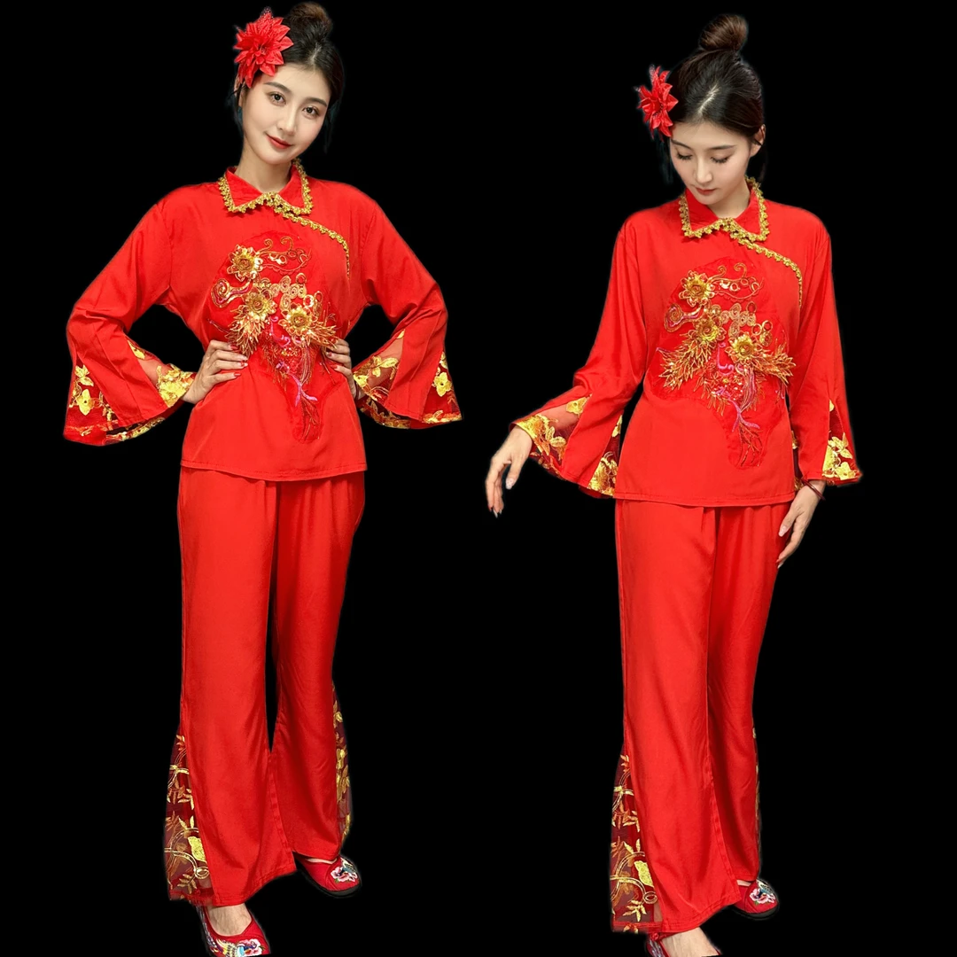 立领演出服立体花图案红色喜庆腰鼓舞秧歌服舞台装
