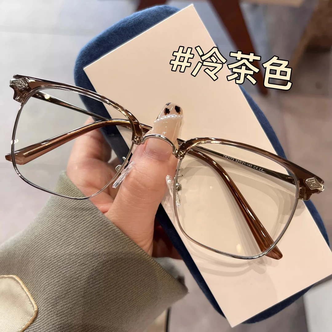 冷茶色痞帅斯文理工男半框近视眼镜女有度数学生大框显瘦防蓝光潮