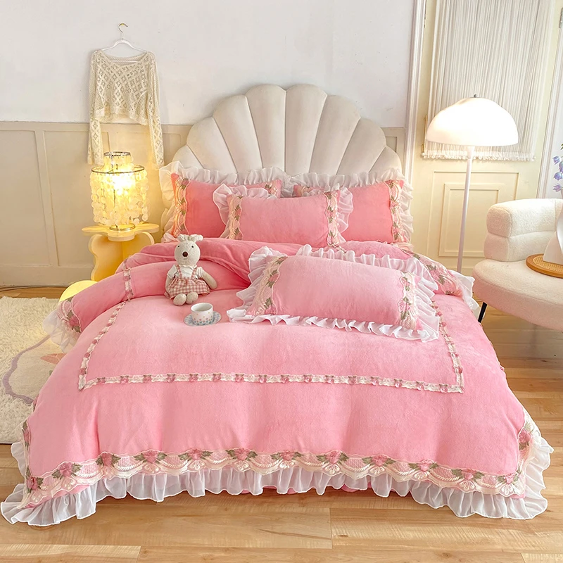 新款加厚牛奶绒四件套 韩版床裙款 双面绒保暖被套床单加绒可机洗