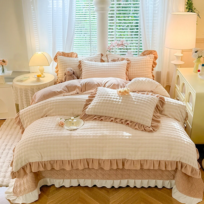 加厚夹棉床盖款泡泡牛奶绒四件套保暖双面绒被套可机洗加厚圆床单