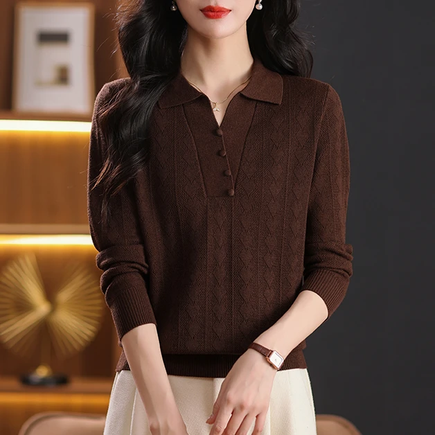 2024春秋新款长袖针织衫秋季气质百搭宽松翻领中年女装高档妈妈装