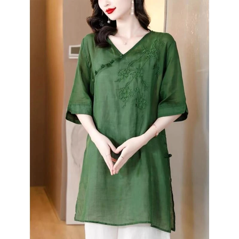 【退货包邮】国风盘扣短袖2024夏季新款复古绣花宽松遮肚子连衣裙