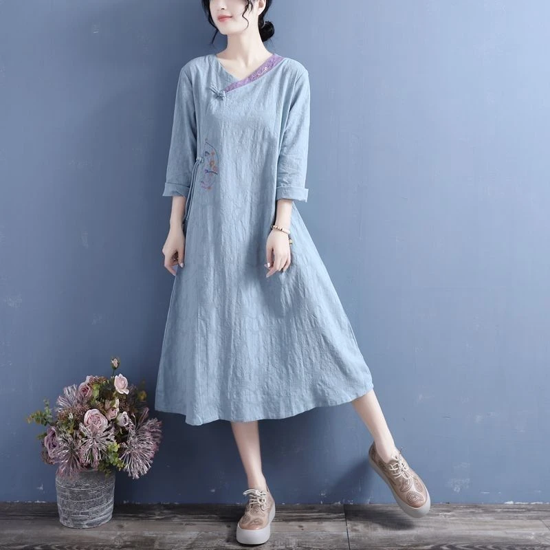 夏季新款棉麻宽松连衣裙夏春季中国风复古刺绣中长款斜襟盘扣茶服