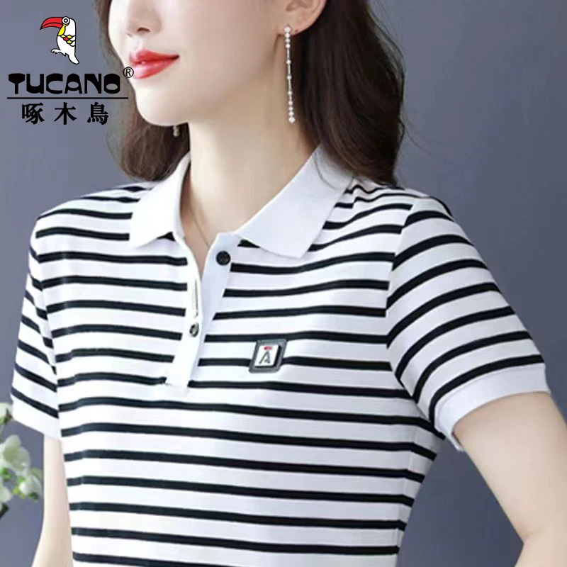 啄木鸟中年妈妈条纹短袖t恤女翻领夏装有领polo衫带领运动女上衣