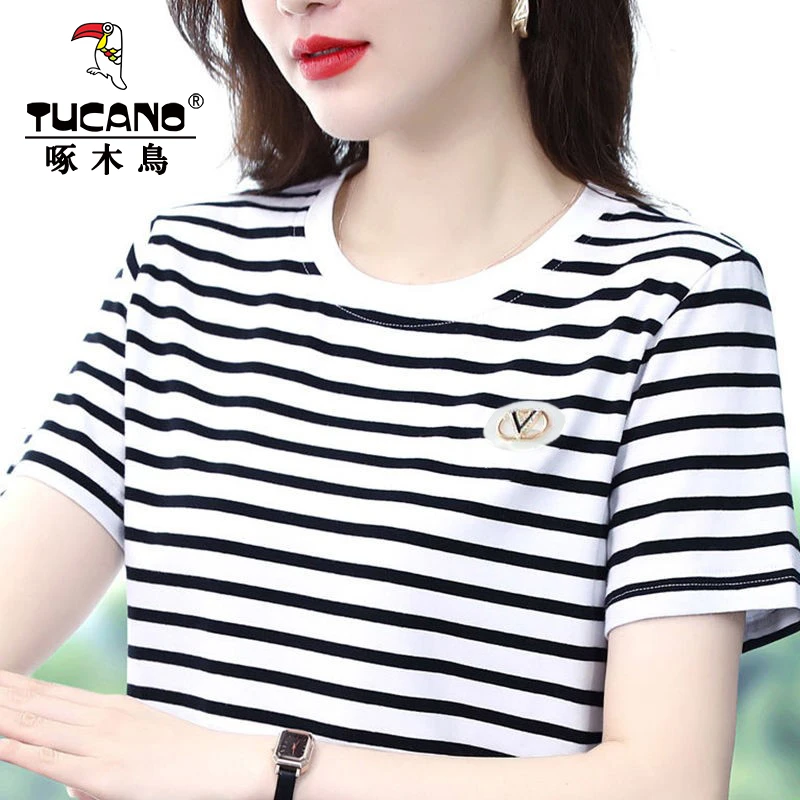 啄木鸟圆领2025夏季新款短袖女t恤字母立体装饰中年妈妈百搭上衣