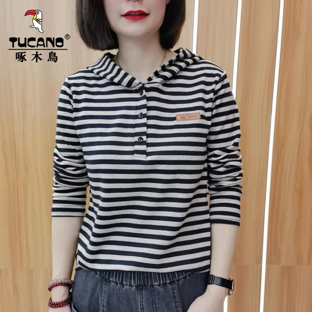 啄木鸟春秋季连帽条纹长袖女t恤宽松上衣新款百搭遮肚子打底衫女
