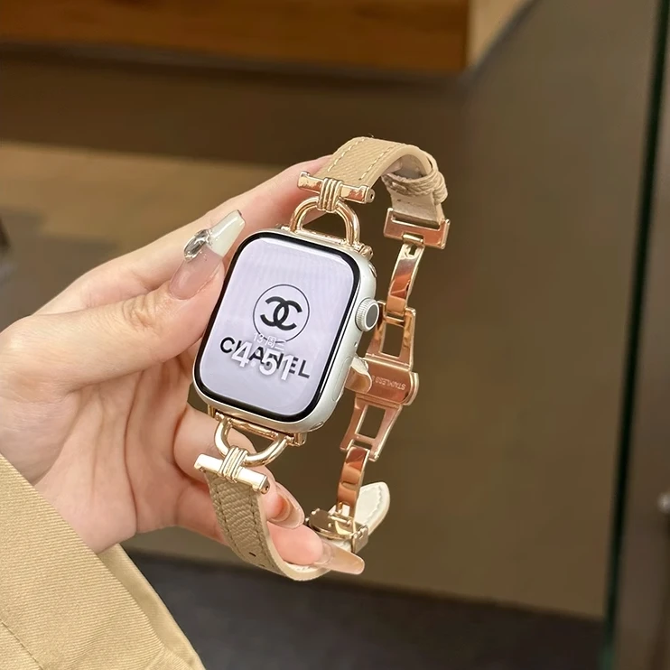 适用于苹果手表带applewatch秋冬蝴蝶扣真皮表带女自制iwatch运动