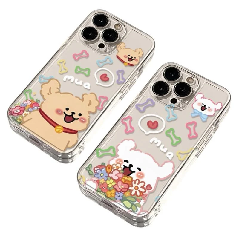 捧花小狗适用iPhone15透明保护壳14苹果13小米12vivo华为oppo情侣