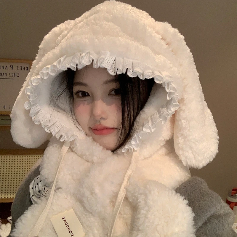 可爱毛绒兔子耳朵帽子围巾一体女2024年秋冬季加厚保暖护耳套头帽
