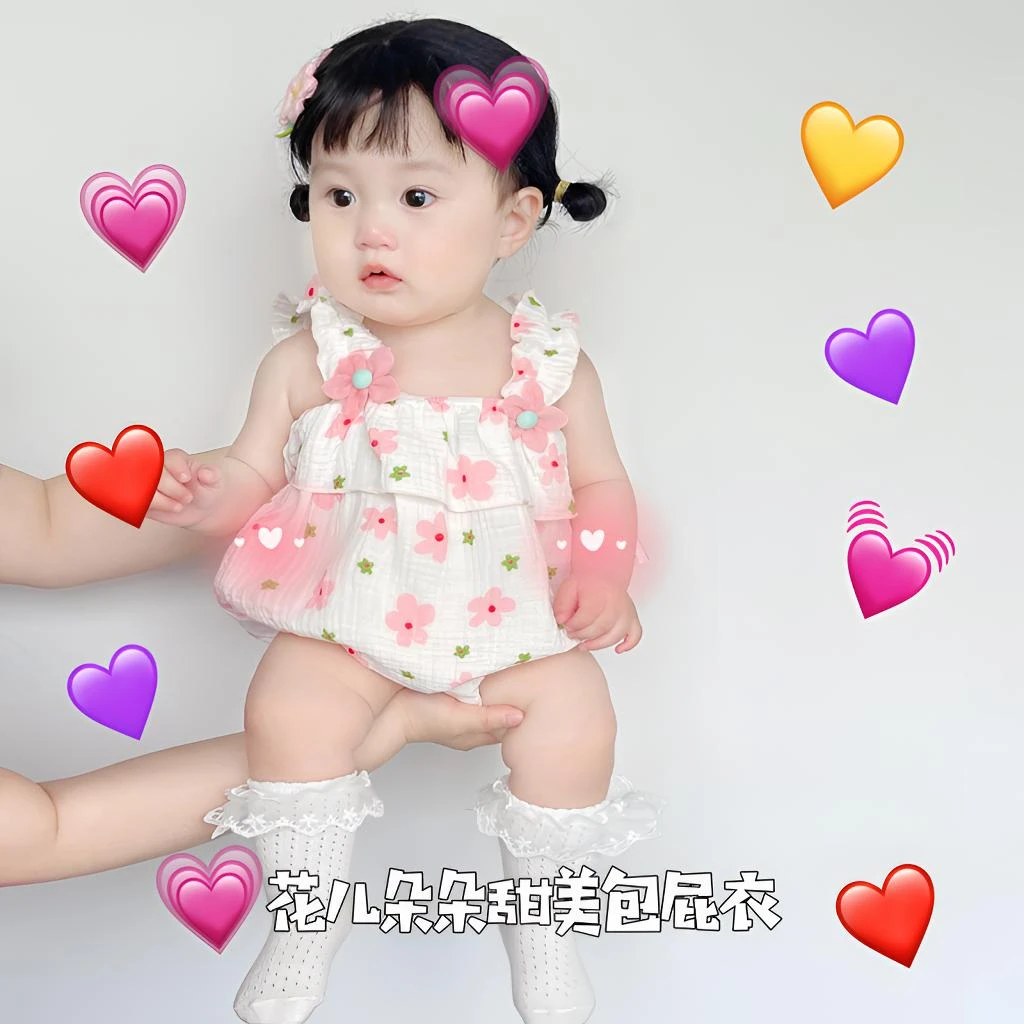婴儿夏季薄款吊带连体衣女宝宝粉色花朵包屁衣纯棉纱布爬服