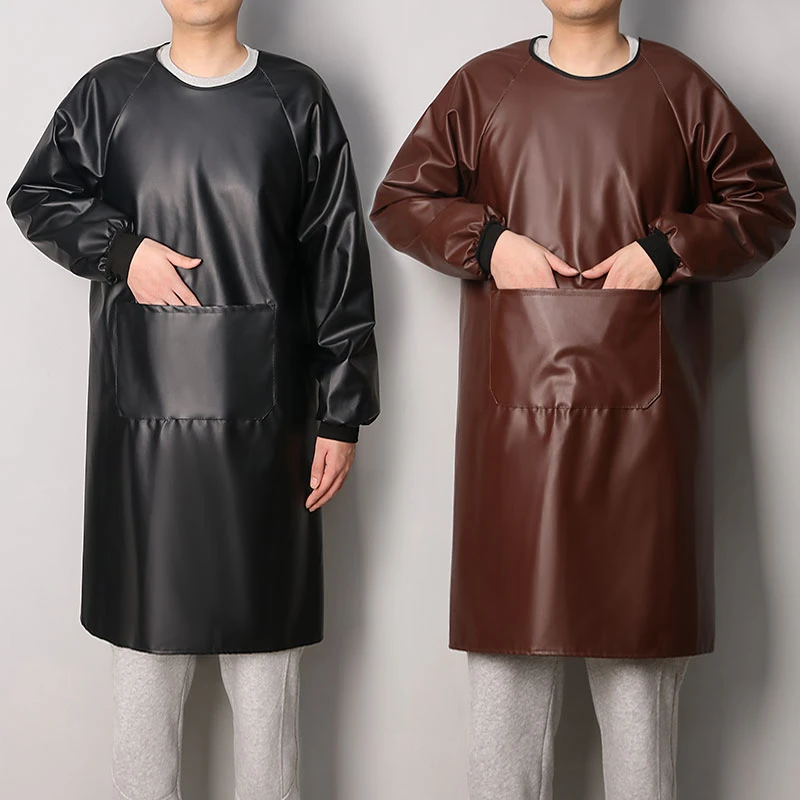 反穿皮革罩衣防水防油长袖围裙家用厨房工作服新款餐饮软皮围腰