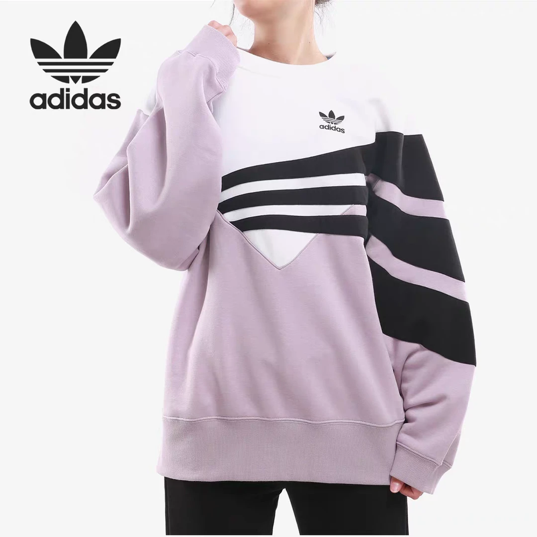 Adidas/阿迪达斯三叶草女宽松斜条纹运动休闲套头衫卫衣 DU8478