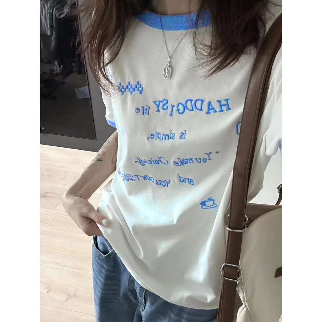 韩系撞色字母刺绣上衣女夏季设计感小众宽松休闲百搭圆领24122