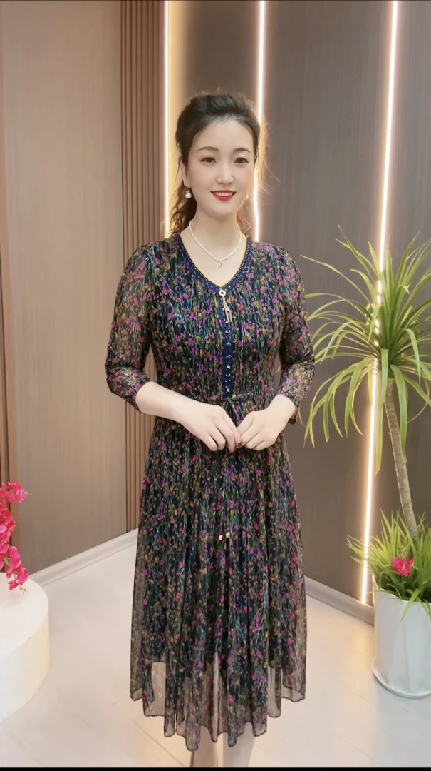 9986春秋超显瘦女装连衣裙时尚洋气碎花气质修身中长款妈妈装