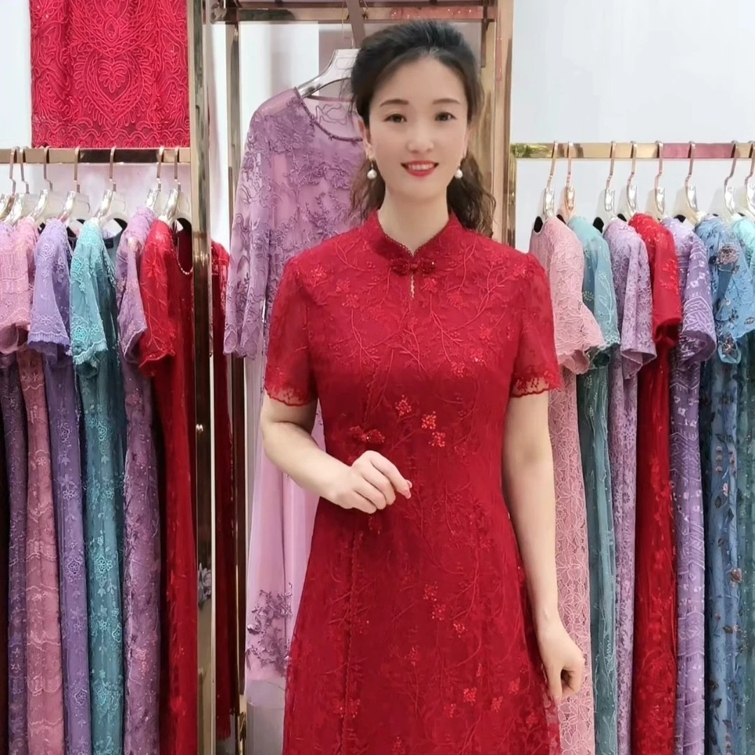 9112时尚洋气春夏碎花裙气质小立领短袖显瘦中长款改良刺绣旗袍裙