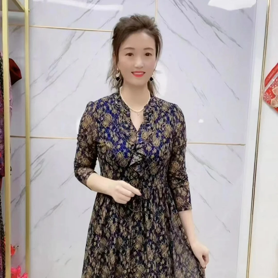 9332#洋气显瘦v领连衣裙夏季时尚甜美印花长袖收腰中长裙