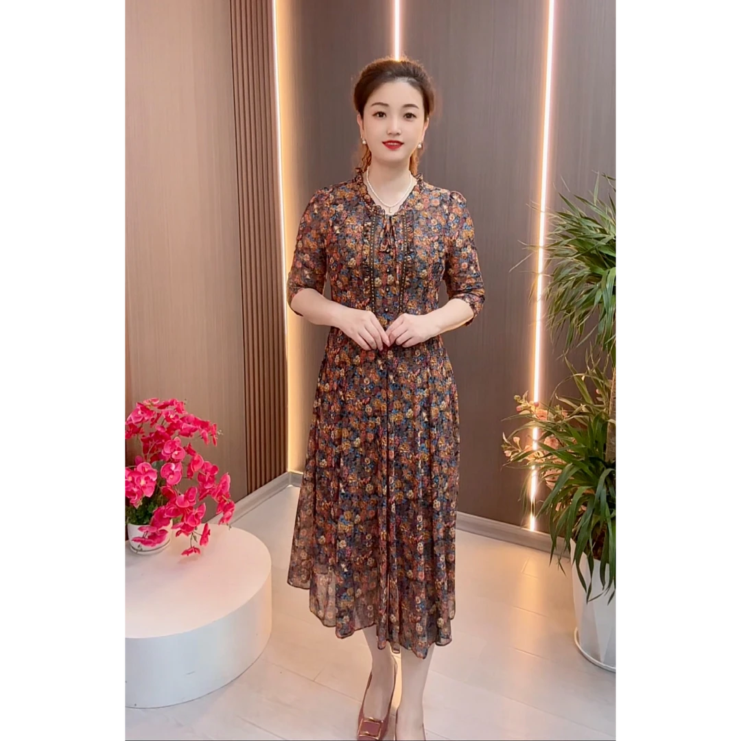 21238花边领女士连衣裙气质显瘦款碎花中长裙