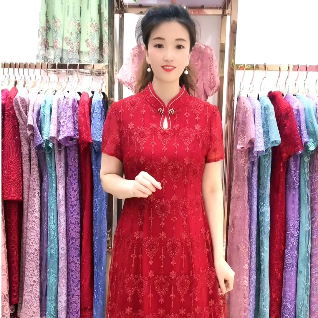 9091#时尚气质改良旗袍领连衣裙夏季短袖洋气显瘦裙中长款妈妈装