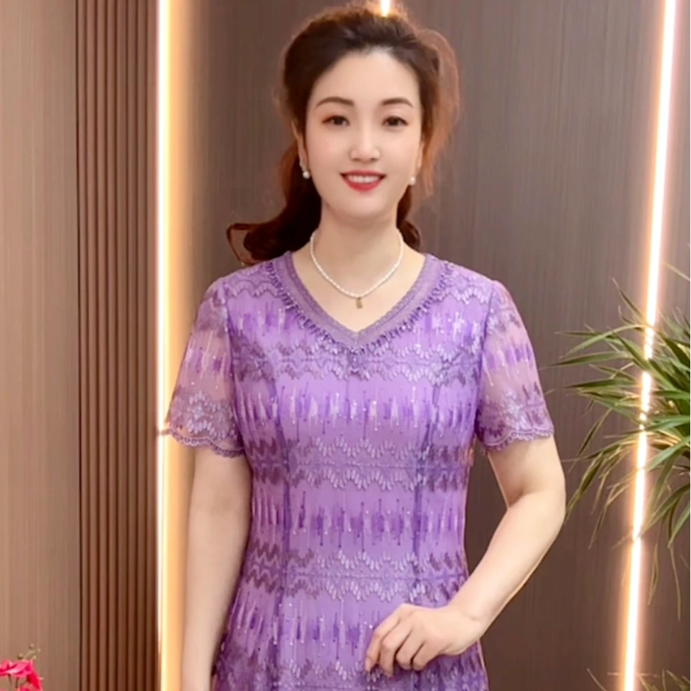 6023夏季绣花透气纱女装连衣裙收腰显瘦裙时尚百搭妈妈装