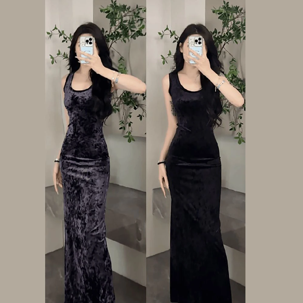 【优质金钻绒】2024新款秋季显瘦修身丝绒背心连衣裙气质长裙