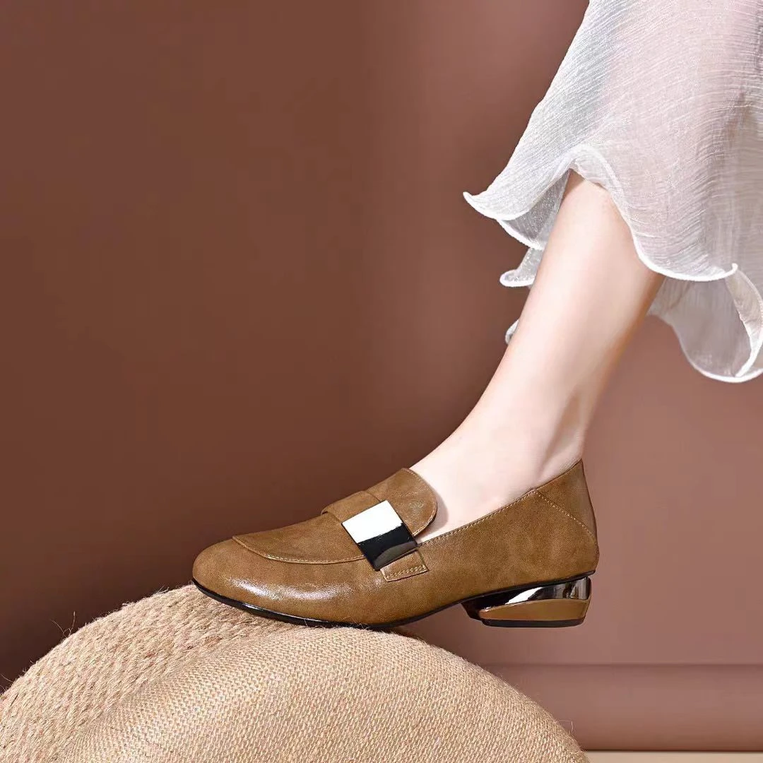 2024新款百搭圆头粗跟英伦风豆豆鞋软底小单鞋中跟