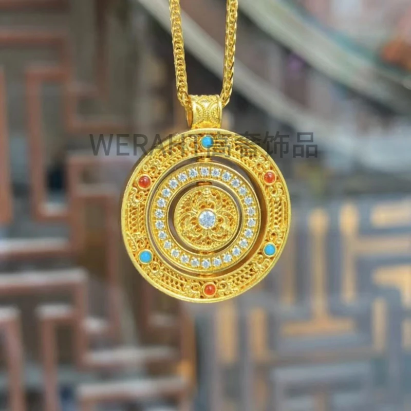 铜合金吊坠 新款热卖可旋转镂空八宝罗盘吊坠双面手工镶嵌坠链