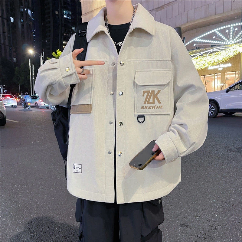 男士外套春秋季时尚衬衫青少年翻领夹克学生宽松潮流帅气衬衣褂子
