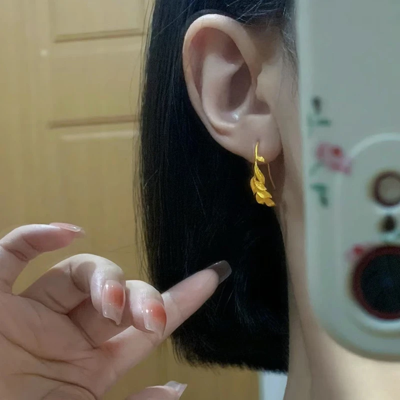 锆石耳饰新中式黄金色叶子耳钉女简约素金色时尚气质法ins