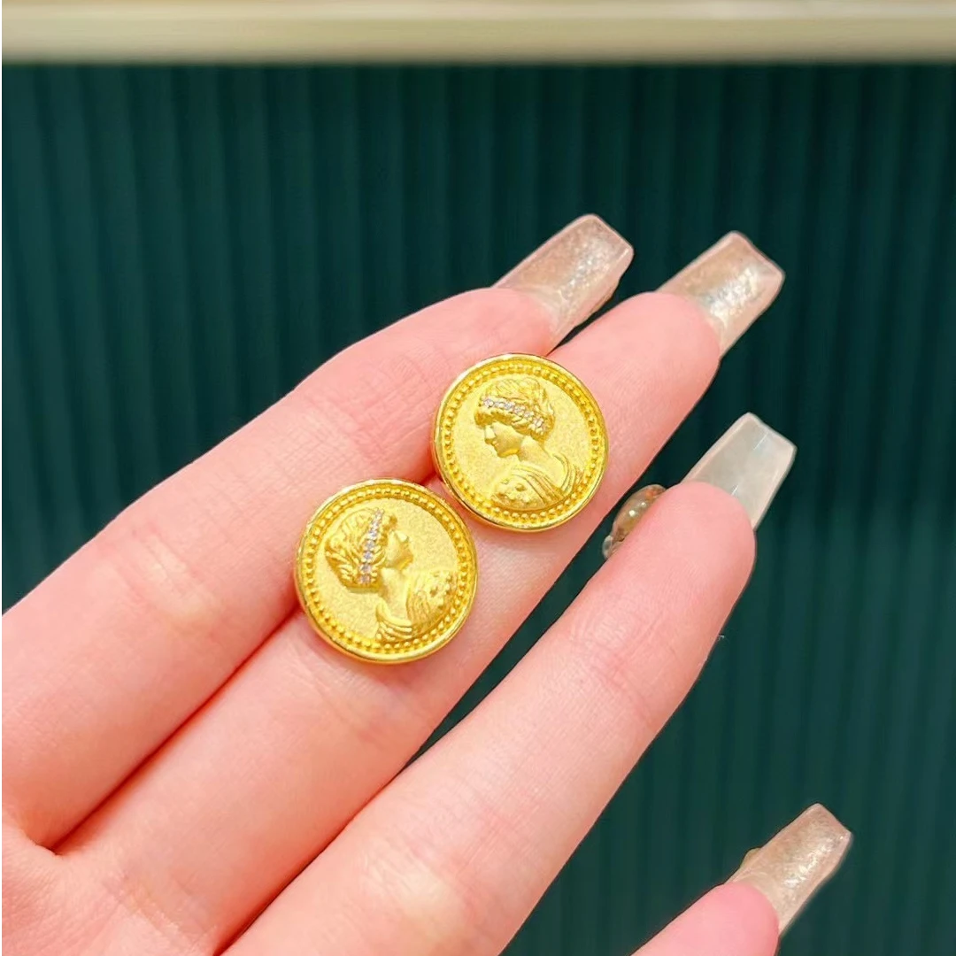 锆石耳饰黄金色女王圆牌耳钉新中式时尚宫廷风复古风轻素款