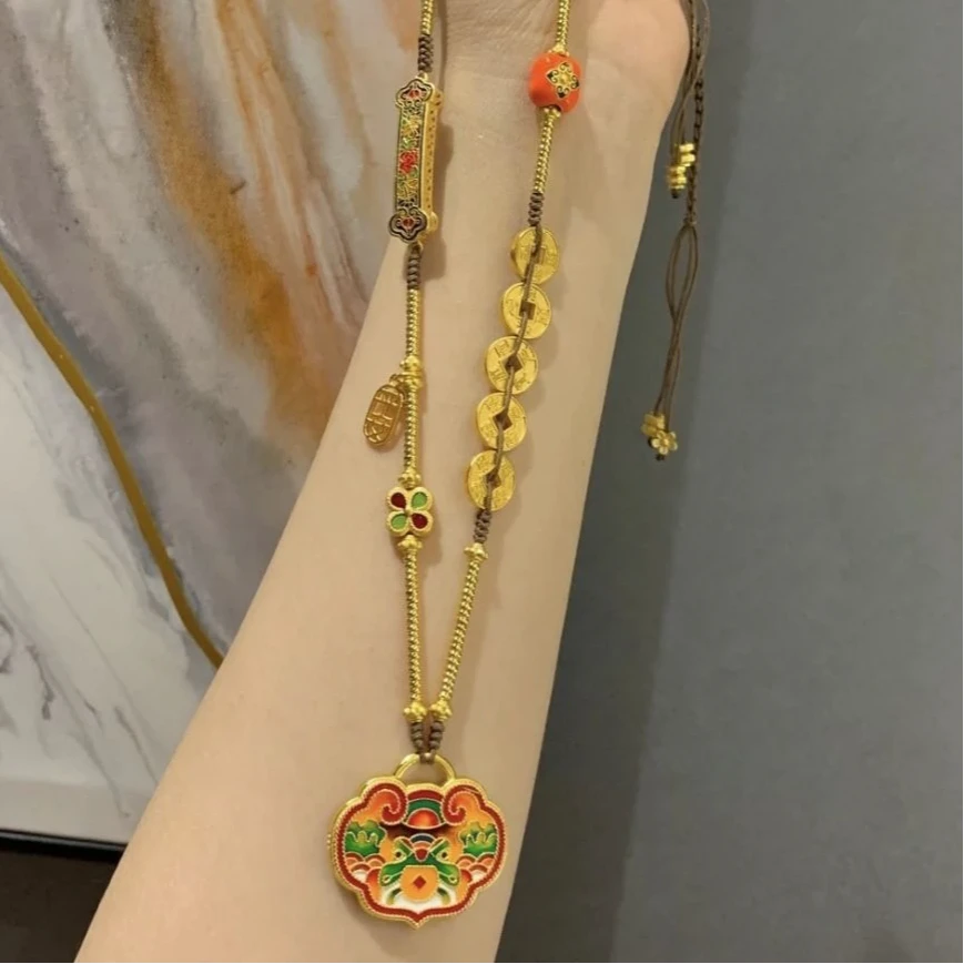 铜合金项链 古法烧蓝金色五帝钱平安锁国风时尚好寓意喜编绳彩色