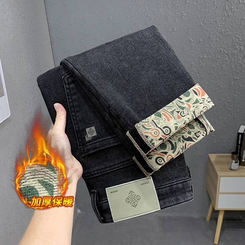 抓绒牛仔裤男裤潮流刺绣男士长裤子修身小直筒男裤弹力高端新款潮