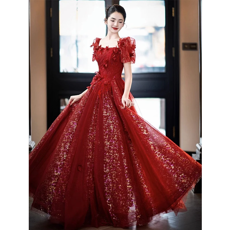 酒红色敬酒服新娘在逃公主新款亮片结婚订婚礼服主持人年会礼服