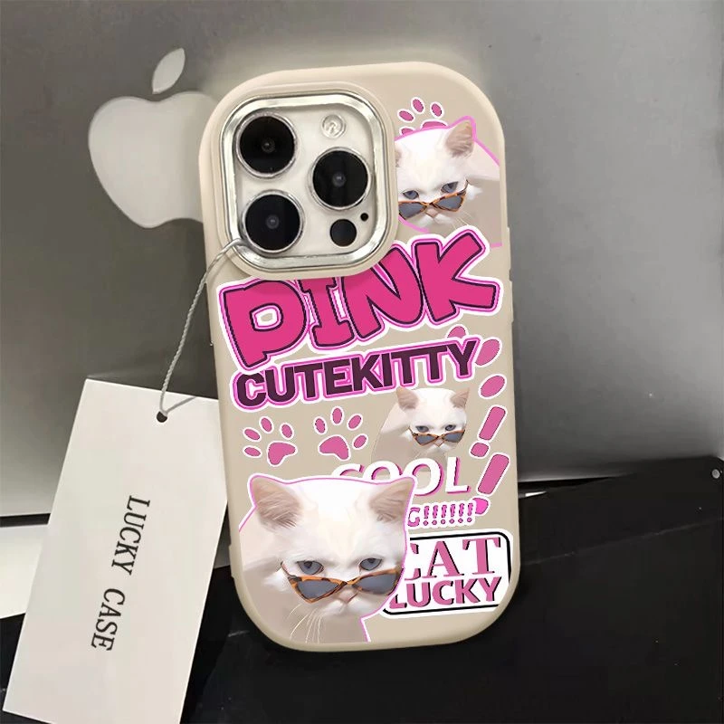 眼镜白猫金属框苹果华为荣耀vivo小米oppo手机壳卡通iPhone15