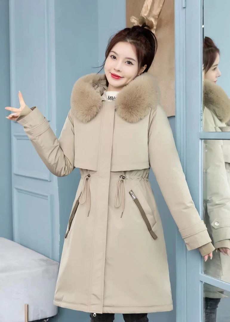 2024秋冬新款一衣三穿中长款收腰加厚女士大毛领长款派克棉服316