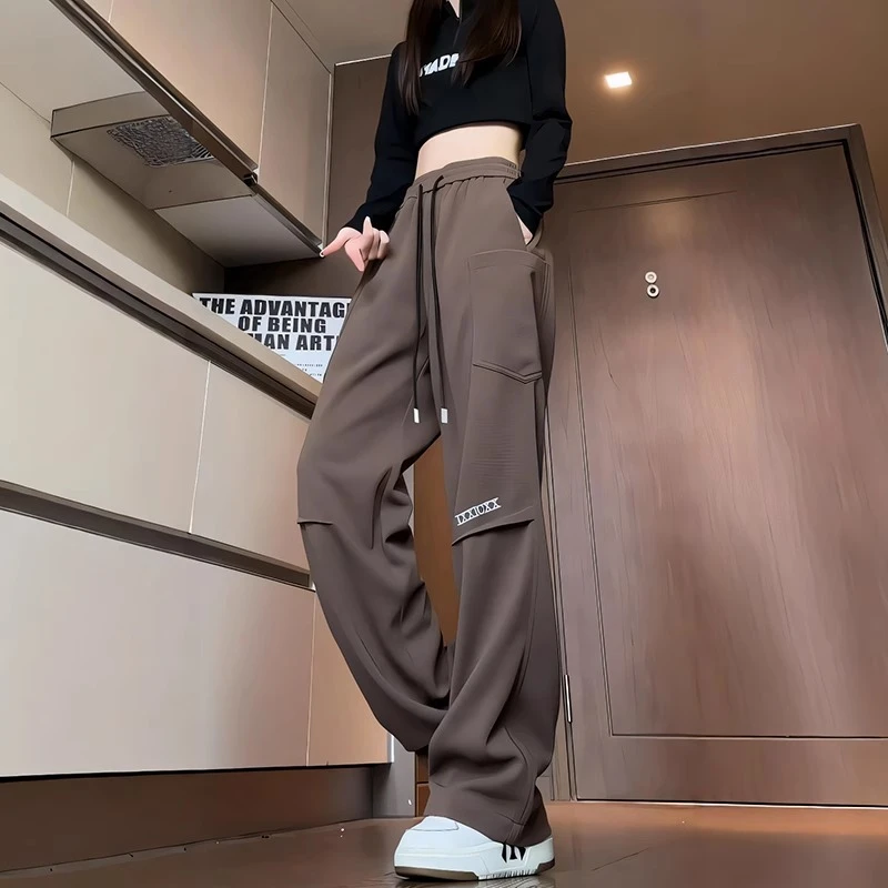 大码胖MM咖色工装裤女新款运动卫裤女春秋冬美式加绒直筒美美裤子