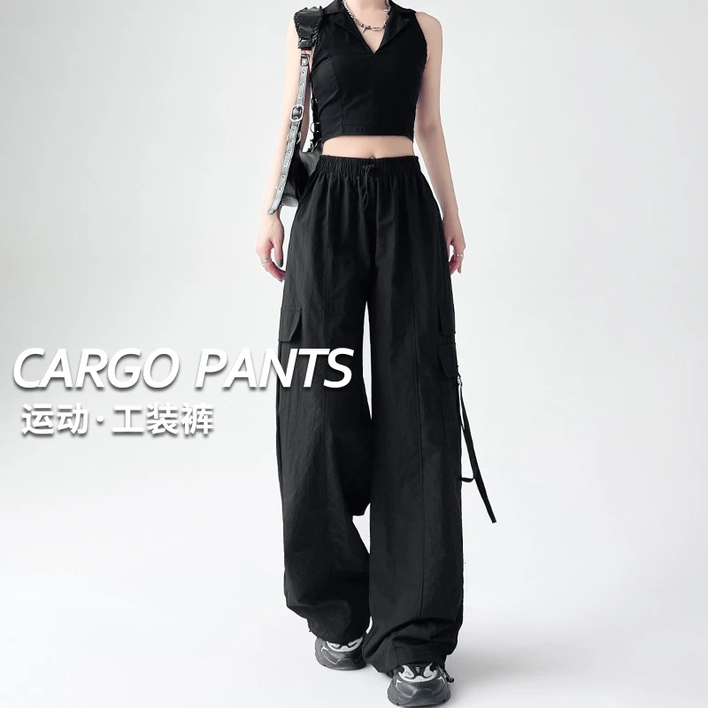 大码美式速干工装裤女2024夏季薄款阔腿胖mm直筒运动裤户外登山裤