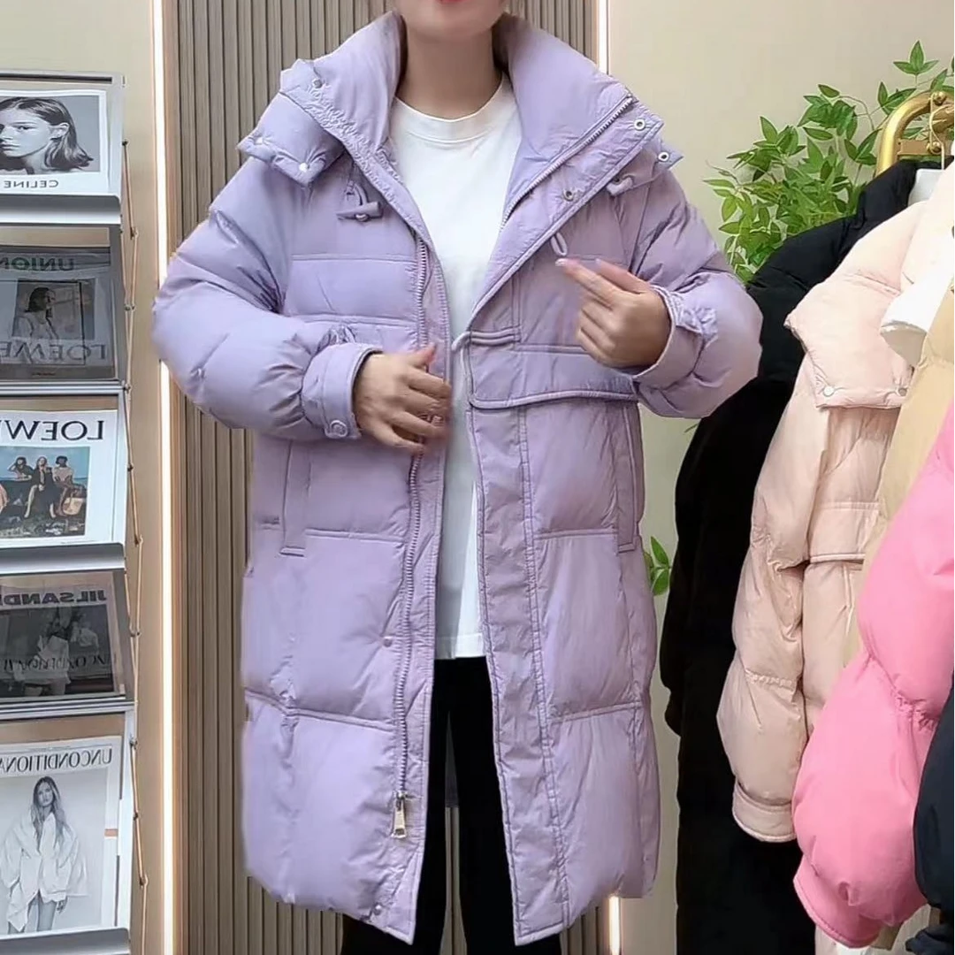 羽绒服女中长款韩版牛角扣外套潮