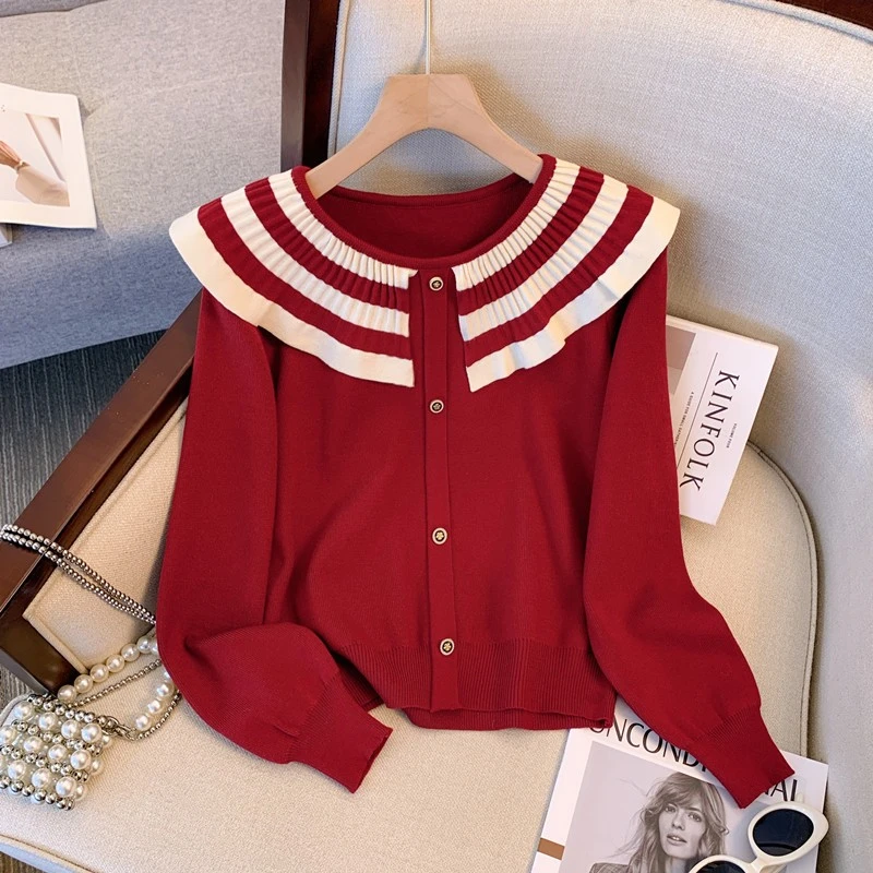 设计感条纹娃娃领长袖针织衫毛衣女秋冬大码胖mm遮肉显瘦别致上衣