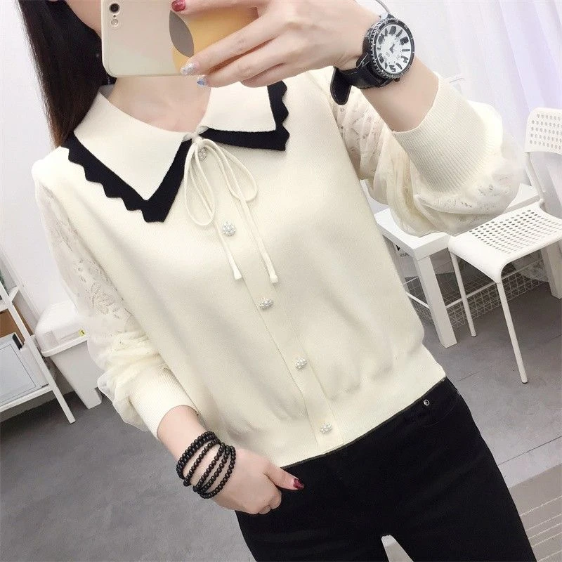 甜美娃娃领针织衫女秋季超好看毛衣氛围感复古长袖拼接小上衣