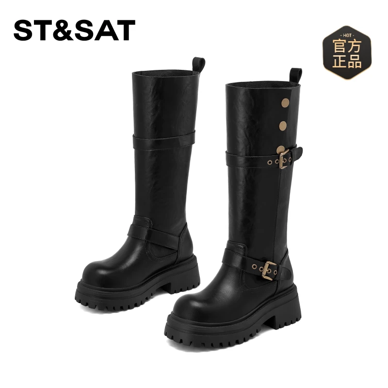 星期六百搭气质长筒靴女2024新款潮流时尚通勤增高长靴黑色时装靴