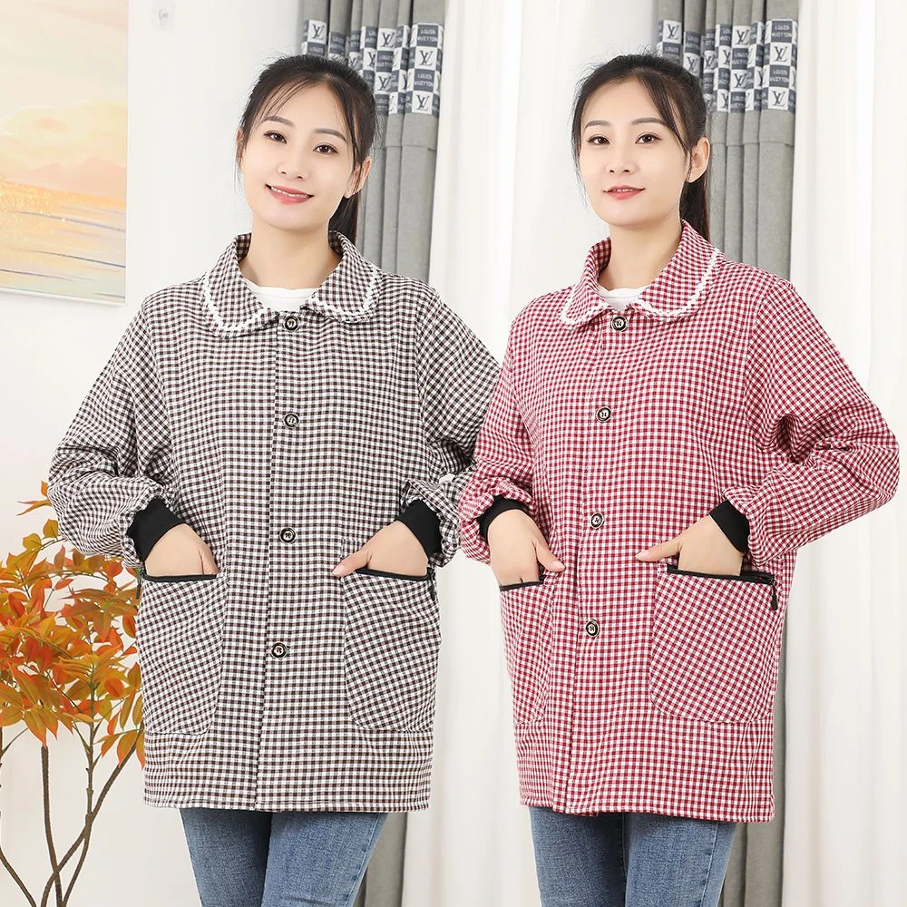 时尚棉布围裙正穿长袖罩衣家用透气防污厨房做饭上班耐脏工作服