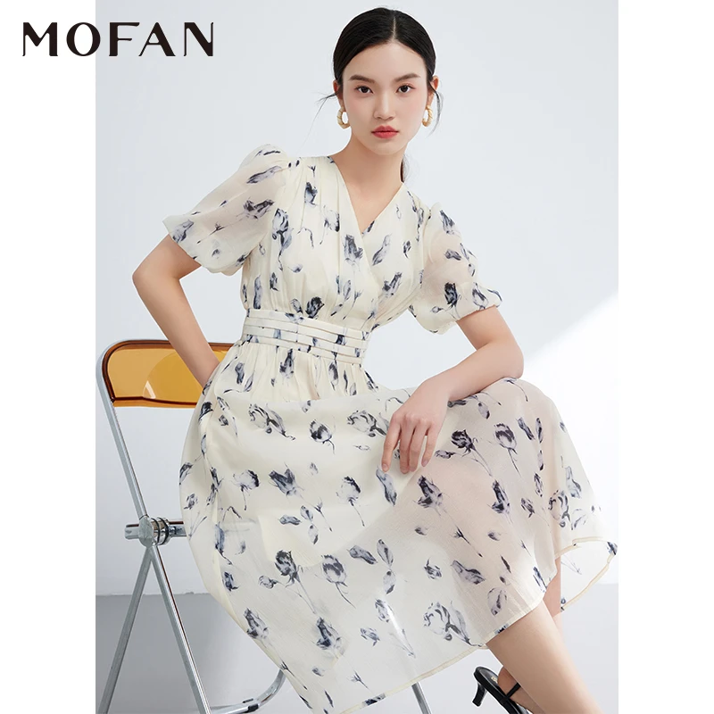 MOFAN摩凡夏新款碎花复古法式收腰气质米色花纹连衣裙MDL363903