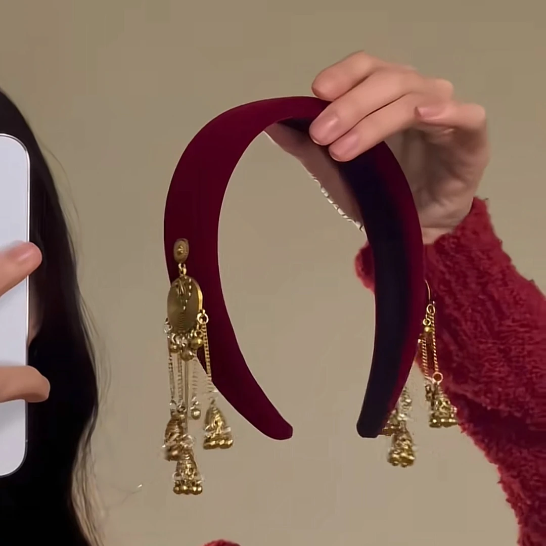 新中式金色摇铃发箍民族风流苏铃铛头箍2025新款新年喜庆秋冬气质